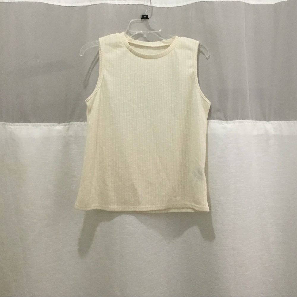 Shein Women's Cream Sleeveless Top Size M Ribbed Knit Mock Neck Tank Casual